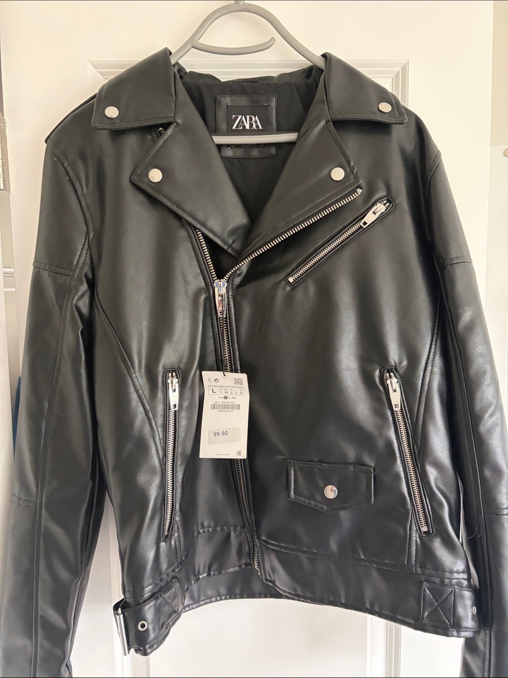 ZARA Black Faux Leather Biker Jacket with Silver Hardware